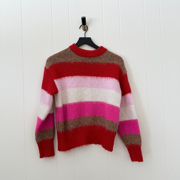AND Striped Fuzzy Red Pink Tan Sweater - Picture 2 of 7